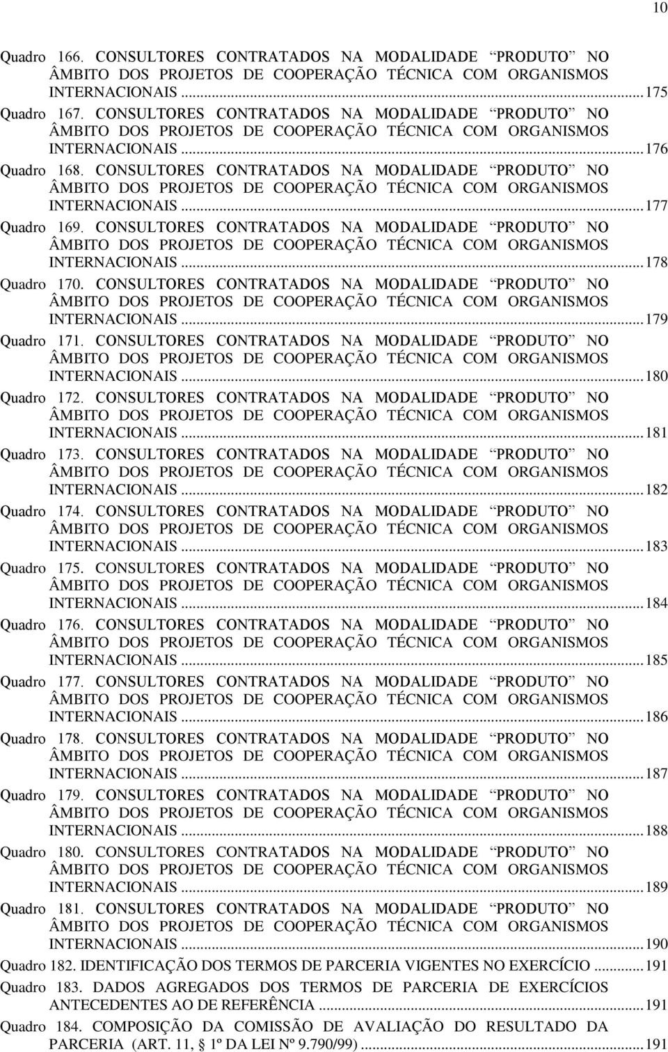 CONSULTORES CONTRATADOS NA MODALIDADE PRODUTO NO ÂMBITO DOS PROJETOS DE COOPERAÇÃO TÉCNICA COM ORGANISMOS INTERNACIONAIS... 177 Quadro 169.