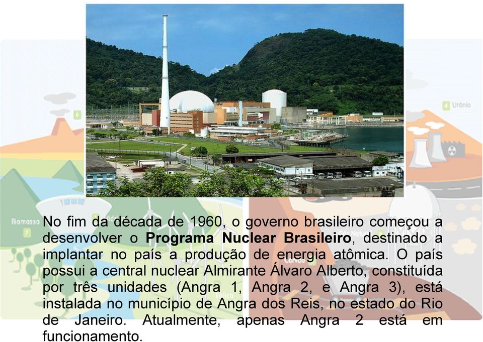 O país possui a central nuclear Almirante Álvaro Alberto, constituída por três unidades (Angra 1,