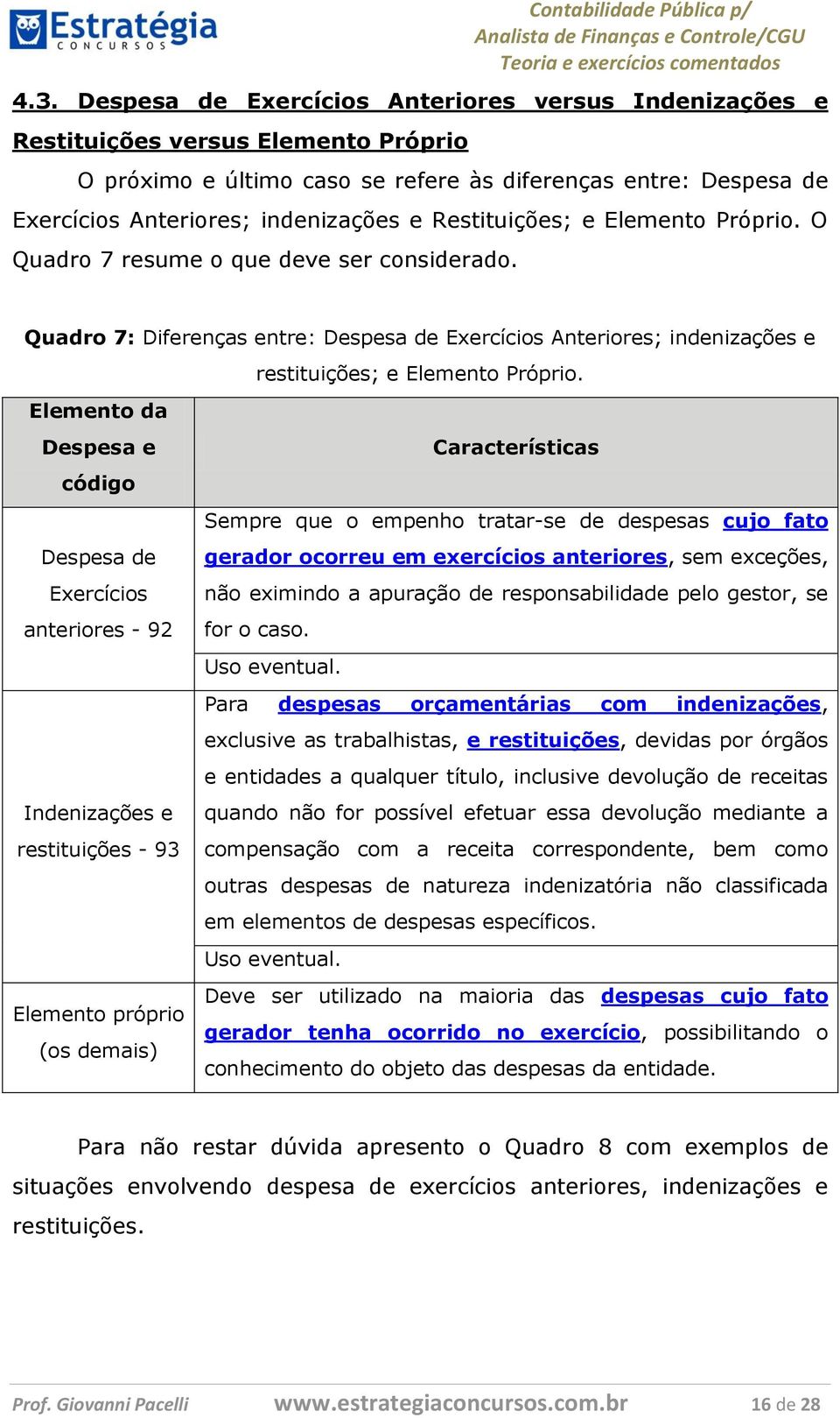 Elemento da Despesa e Características código Sempre que o empenho tratar-se de despesas cujo fato Despesa de Exercícios anteriores - 92 gerador ocorreu em exercícios anteriores, sem exceções, não