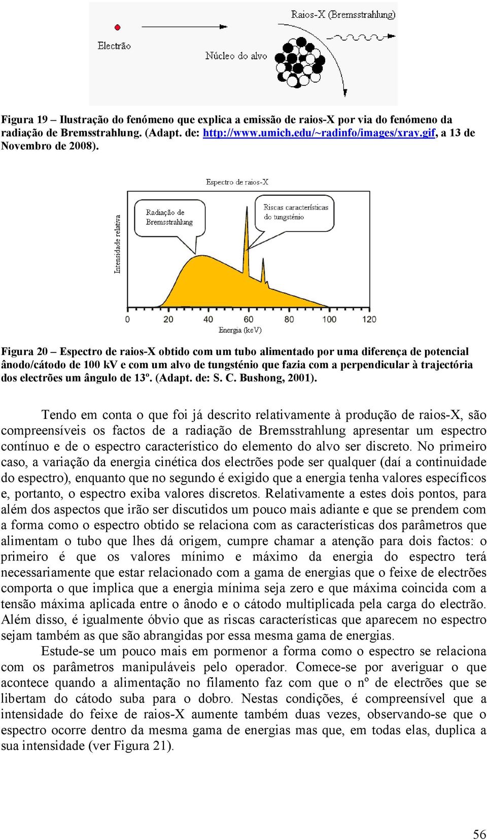 Figura 20 Espectro de raios-x obtido com um tubo alimentado por uma diferença de potencial ânodo/cátodo de 100 kv e com um alvo de tungsténio que fazia com a perpendicular à trajectória dos electrões