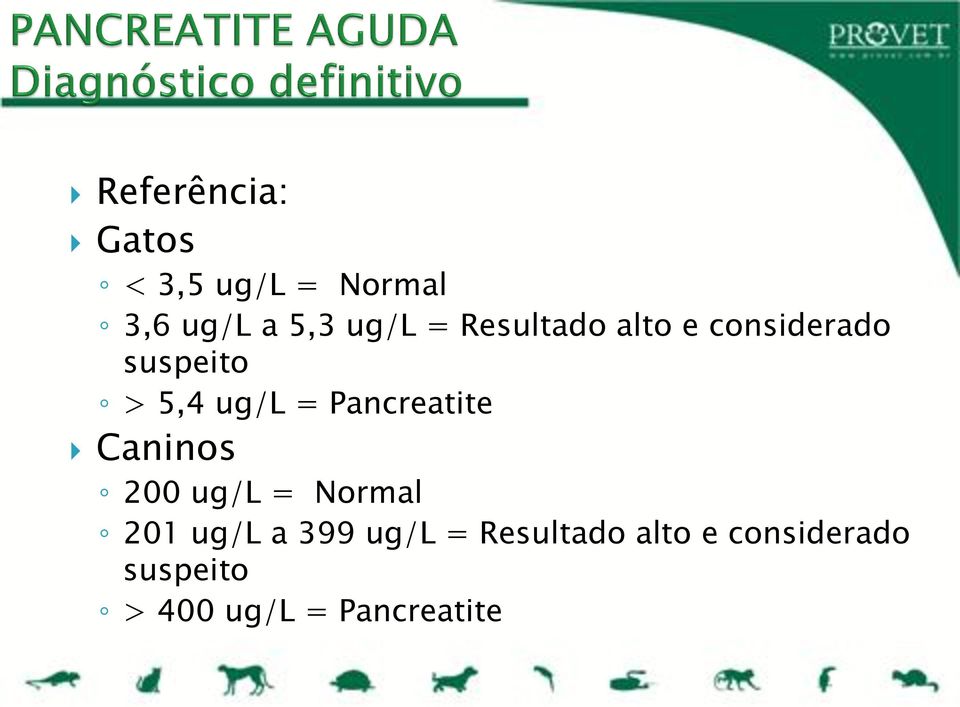 Pancreatite Caninos 200 ug/l = Normal 201 ug/l a 399 ug/l