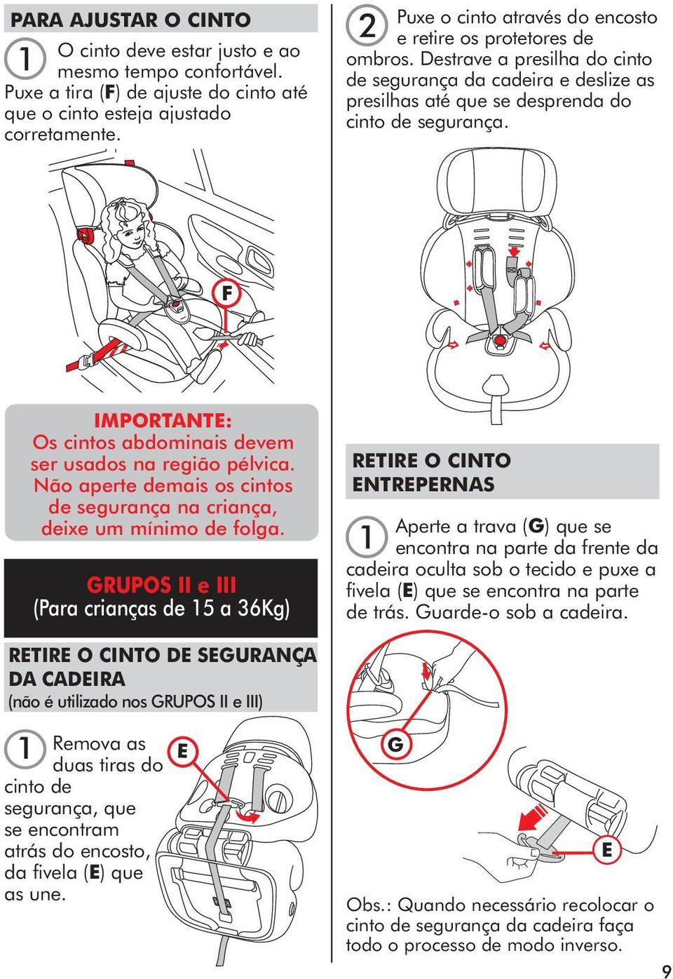 IMPORTANTE: Os cintos abdominais devem ser usados na região pélvica. Não aperte demais os cintos de segurança na criança, deixe um mínimo de folga.