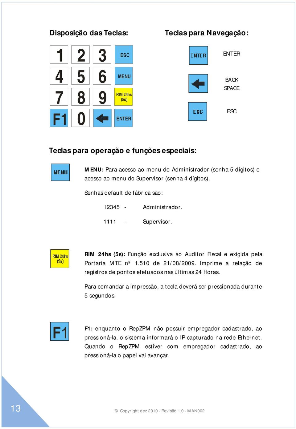 RIM 24hs (5s): Função exclusiva ao Auditor Fiscal e exigida pela Portaria MTE nº 1.510 de 21/08/2009. Imprime a relação de registros de pontos efetuados nas últimas 24 Horas.