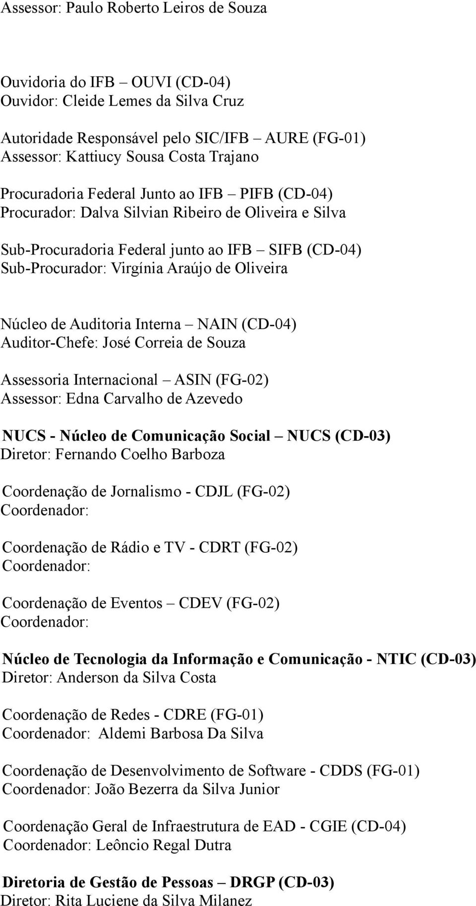 Núcleo de Auditoria Interna NAIN (CD-04) Auditor-Chefe: José Correia de Souza Assessoria Internacional ASIN (FG-02) Assessor: Edna Carvalho de Azevedo NUCS - Núcleo de Comunicação Social NUCS (CD-03)