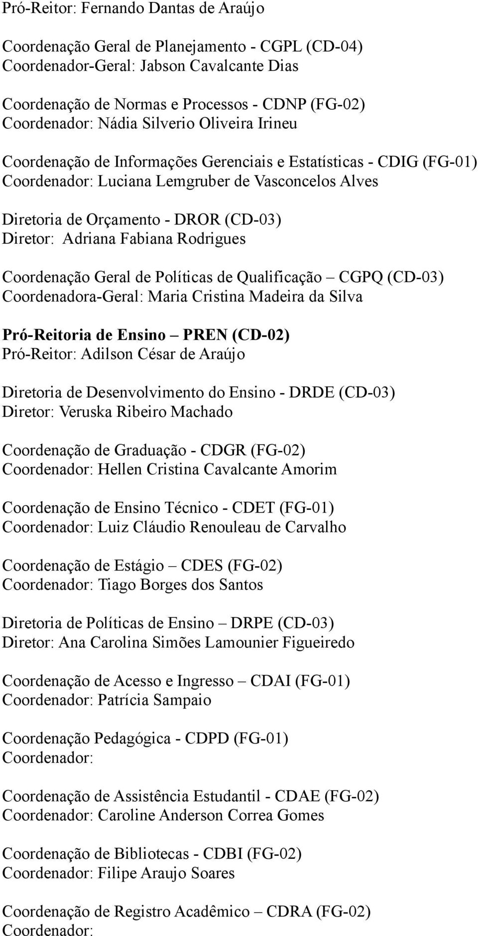 Fabiana Rodrigues Coordenação Geral de Políticas de Qualificação CGPQ (CD-03) Coordenadora-Geral: Maria Cristina Madeira da Silva Pró-Reitoria de Ensino PREN (CD-02) Pró-Reitor: Adilson César de