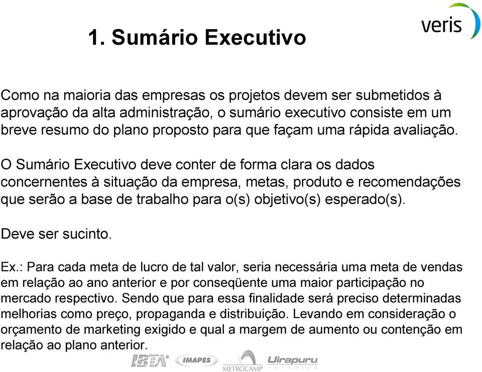 O Sumário Executivo deve conter de forma clara os dados concernentes à situação da empresa, metas, produto e recomendações que serão a base de trabalho para o(s) objetivo(s) esperado(s).