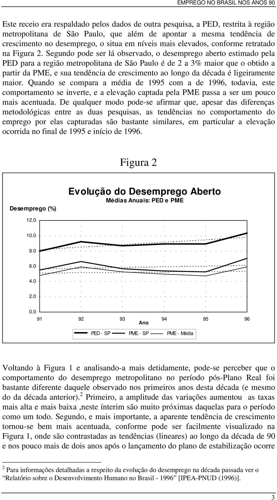 Segundo pode ser lá observado, o desemprego aberto estimado pela PED para a região metropolitana de São Paulo é de 2 a 3% maior que o obtido a partir da PME, e sua tendência de crescimento ao longo