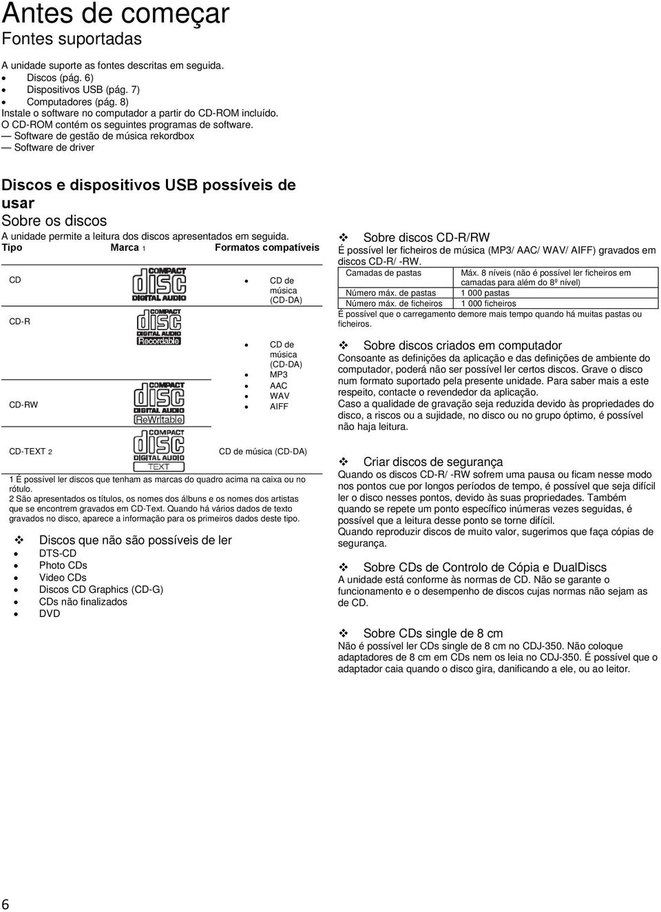 Software de gestão de música rekordbox Software de driver Discos e dispositivos USB possíveis de usar Sobre os discos A unidade permite a leitura dos discos apresentados em seguida.