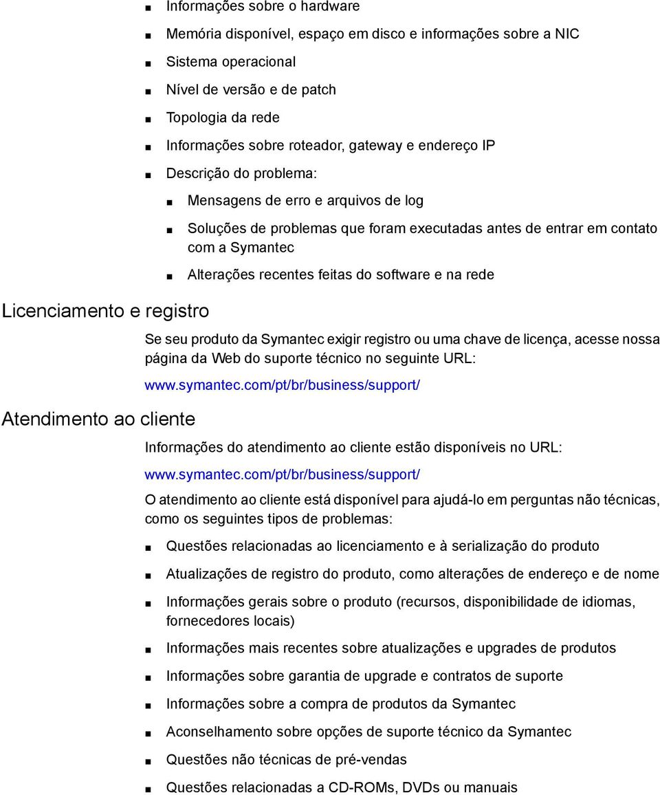 rede Licenciamento e registro Atendimento ao cliente Se seu produto da Symantec exigir registro ou uma chave de licença, acesse nossa página da Web do suporte técnico no seguinte URL: www.symantec.