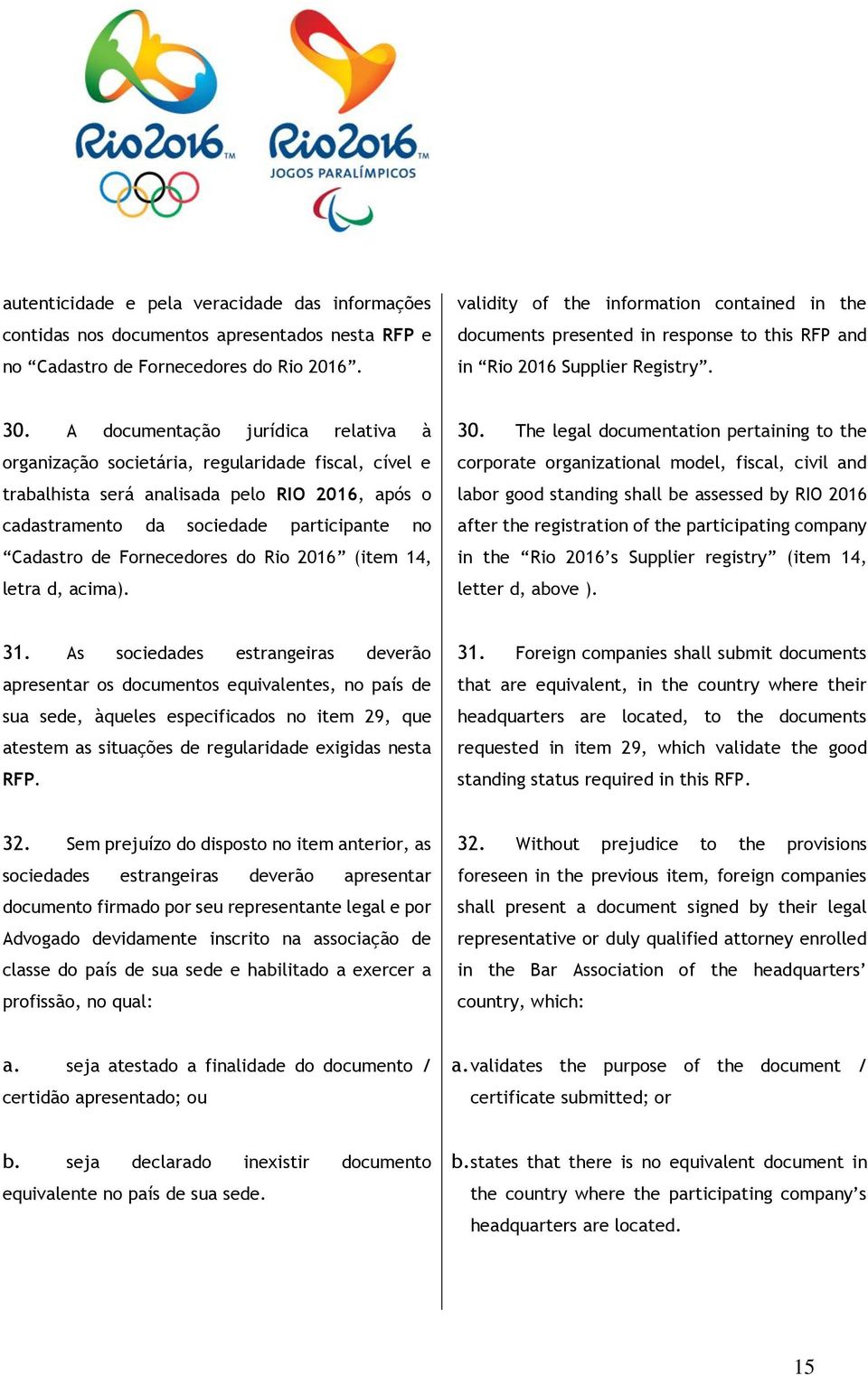 A documentação jurídica relativa à organização societária, regularidade fiscal, cível e trabalhista será analisada pelo RIO 2016, após o cadastramento da sociedade participante no Cadastro de