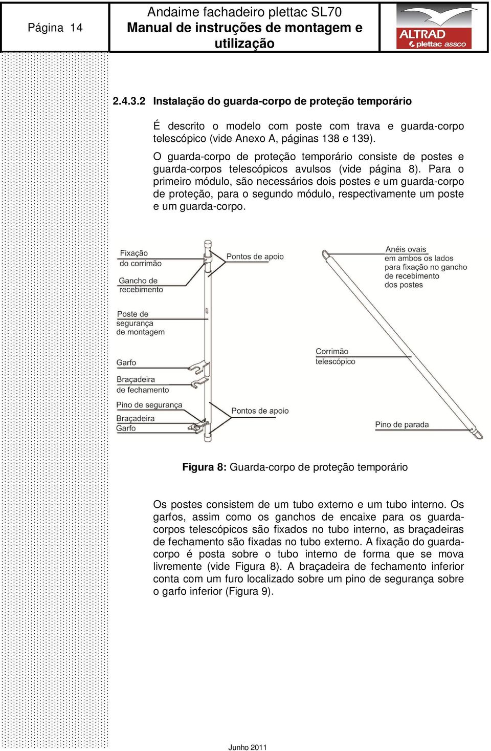 Para o primeiro módulo, são necessários dois postes e um guarda-corpo de proteção, para o segundo módulo, respectivamente um poste e um guarda-corpo.