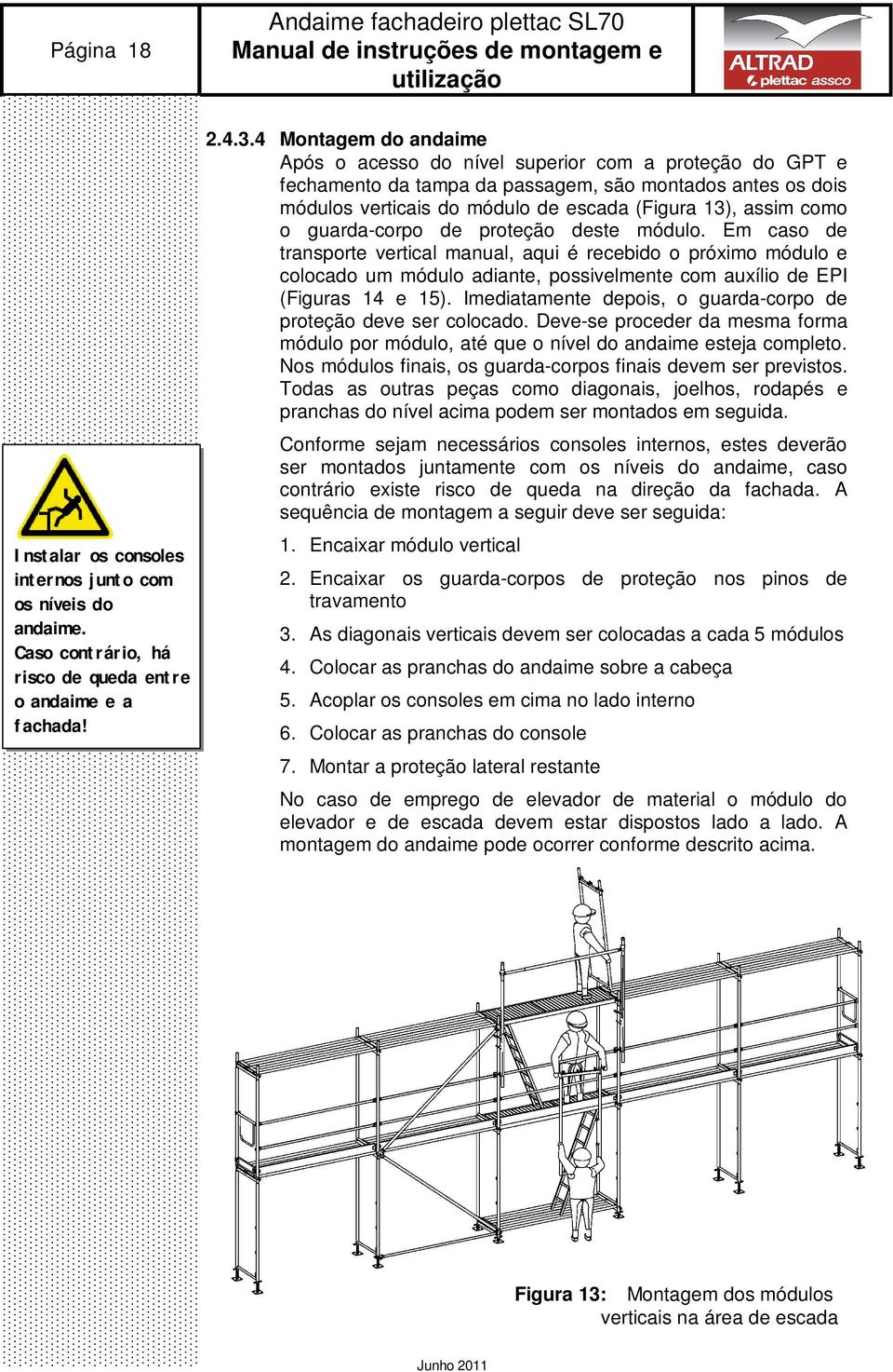 guarda-corpo de proteção deste módulo. Em caso de transporte vertical manual, aqui é recebido o próximo módulo e colocado um módulo adiante, possivelmente com auxílio de EPI (Figuras 14 e 15).