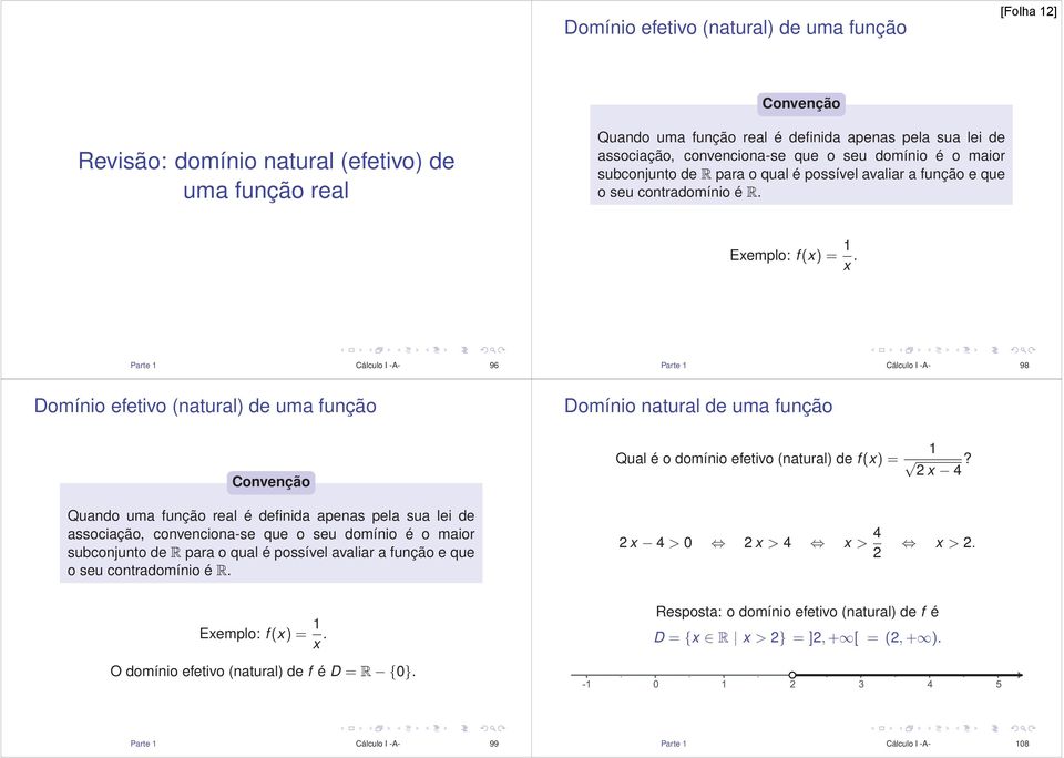 Parte 1 Cálculo I -A- 96 Parte 1 Cálculo I -A- 98 Domínio efetivo (natural) de uma função Convenção Domínio natural de uma função Qual é o domínio efetivo (natural) de f (x) = 1 2 x 4?