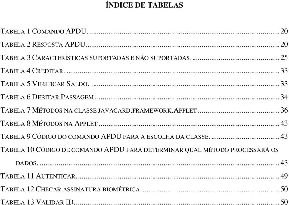 APPLET... 36 TABELA 8 MÉTODOS NA APPLET... 43 TABELA 9 CÓDIGO DO COMANDO APDU PARA A ESCOLHA DA CLASSE.