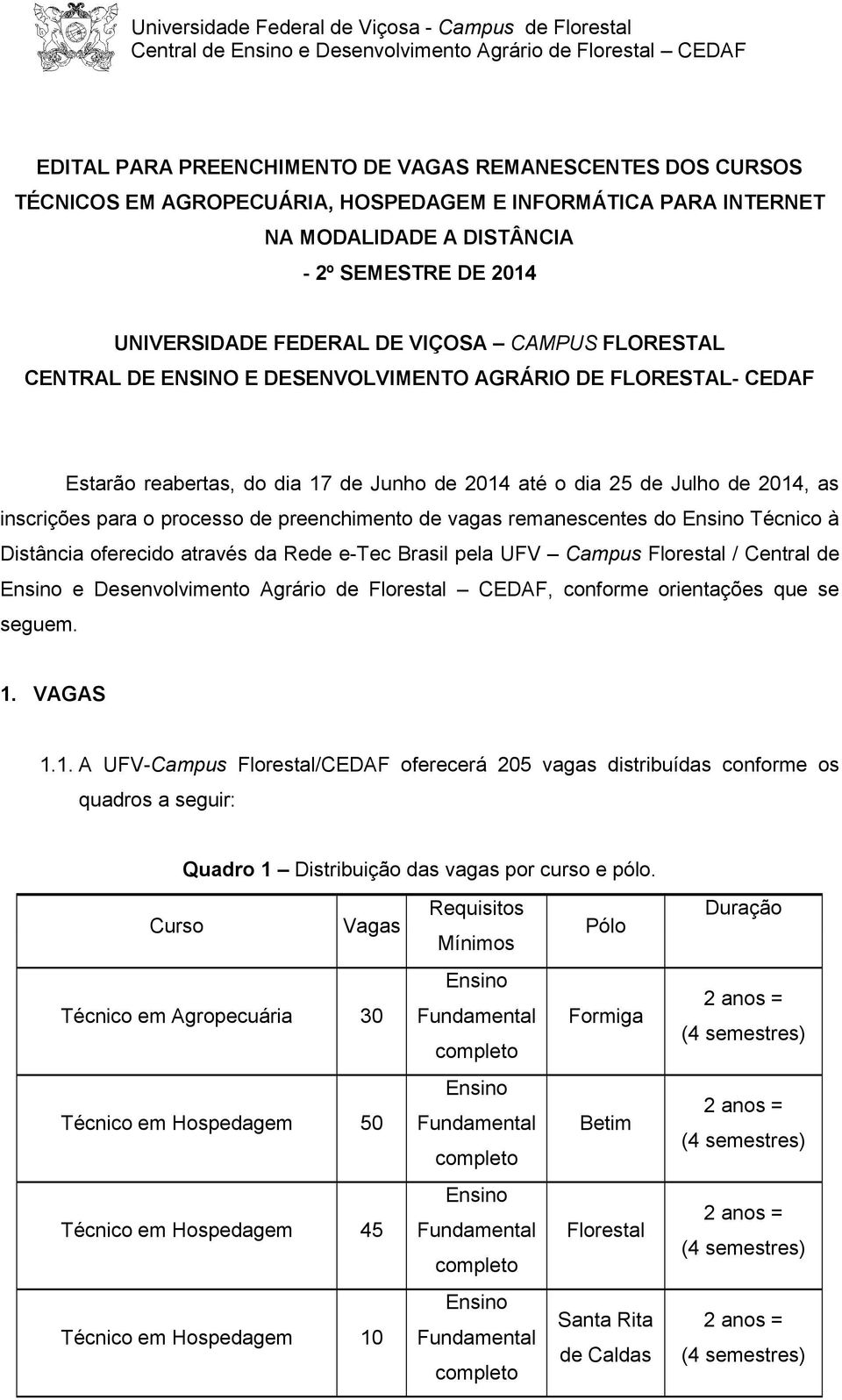 25 de Julho de 2014, as inscrições para o processo de preenchimento de vagas remanescentes do Técnico à Distância oferecido através da Rede e-tec Brasil pela UFV Campus Florestal / Central de e