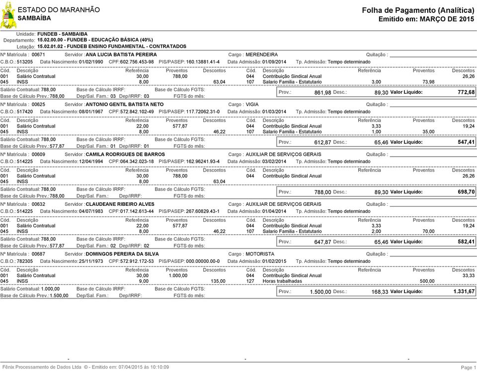 : 78 Data Nascimento: 01/02/1990 CPF:602.756.453-98 PIS/PASEP: 160.13881.41-4 Data Admissão: 01/09/2014 Dep/Sal. Fam.: 03 Dep/IRRF: 03 Nº Matrícula : 00625 Servidor :ANTON