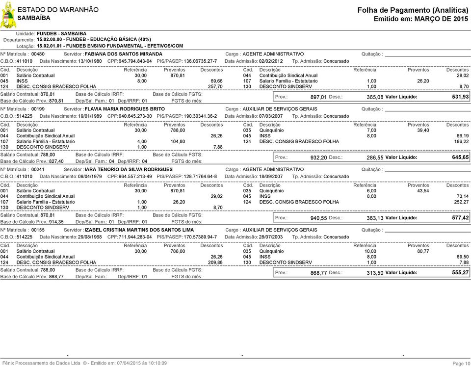 CONSIG BRADESCO FOLHA 257,70 130 DESCONTO SINDSERV 8,70 Salário Contratual: 870,81 Base de Cálculo Prev.: 870,81 Data Nascimento: 13/10/1980 CPF:645.794.843-04 PIS/PASEP: 136.06735.