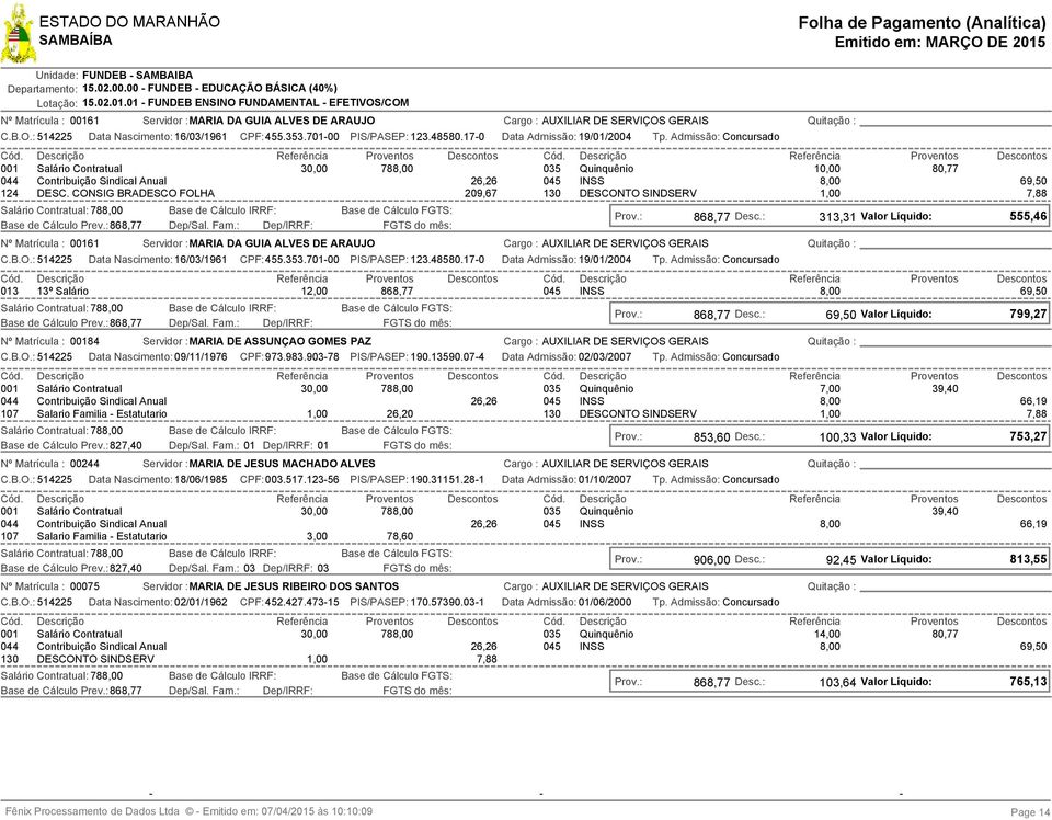 CONSIG BRADESCO FOLHA 209,67 130 DESCONTO SINDSERV 7,88 Base de Cálculo Prev.: 868,77 Data Nascimento: 16/03/1961 CPF:455.353.701-00 PIS/PASEP: 123.48580.