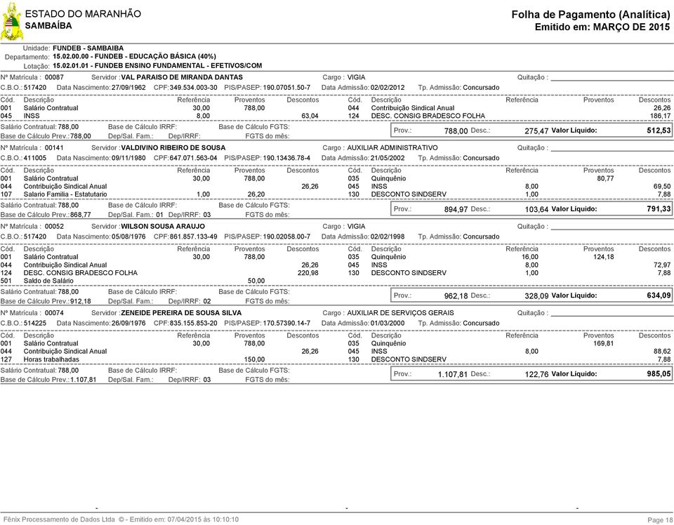 CONSIG BRADESCO FOLHA 186,17 Base de Cálculo Prev.: 78 Data Nascimento: 27/09/1962 CPF:349.534.003-30 PIS/PASEP: 190.07051.