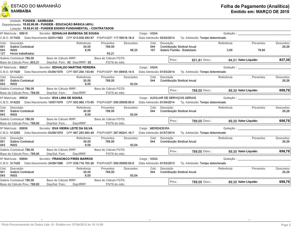 : 853,21 Data Nascimento: 02/01/1983 CPF:013.938.483-97 PIS/PASEP: 117.59516.18-4 Data Admissão: 03/02/2014 Dep/Sal. Fam.: 03 Dep/IRRF: 03 Nº Matrícula : 00627 Servidor :EDIVALDO MARTINS PEREIRA C.B.