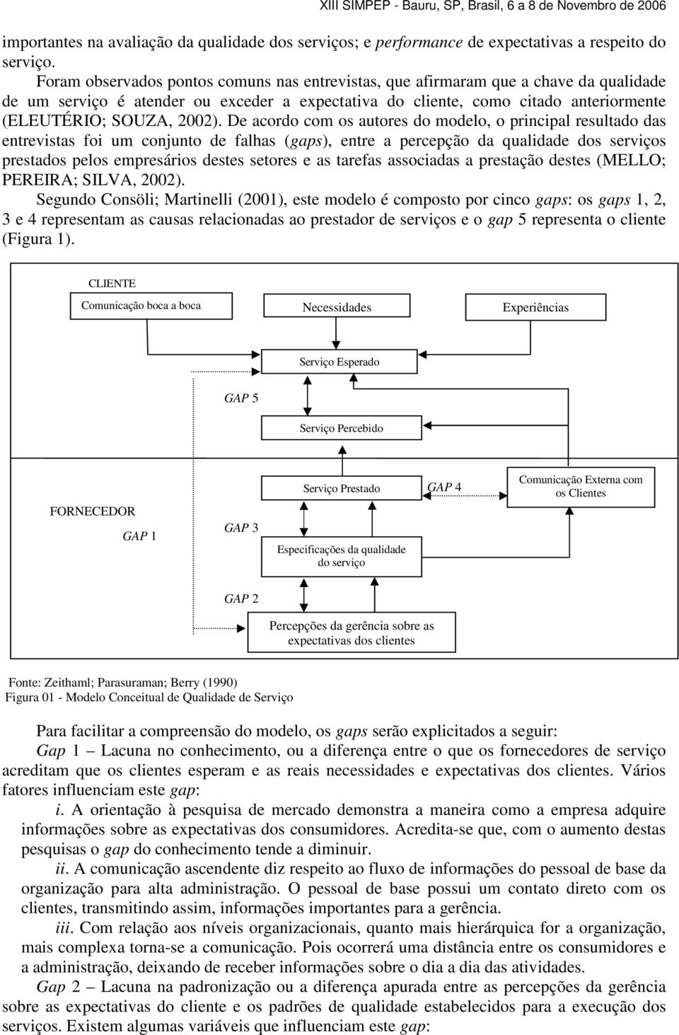 De acordo com os autores do modelo, o principal resultado das entrevistas foi um conjunto de falhas (gaps), entre a percepção da qualidade dos serviços prestados pelos empresários destes setores e as