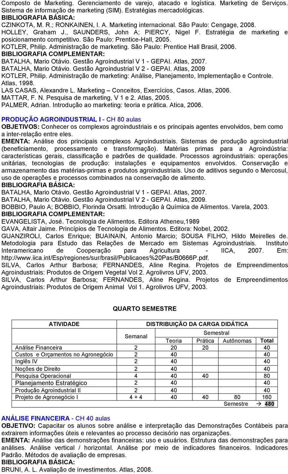 KOTLER, Philip. Administração de marketing. São Paulo: Prentice Hall Brasil, 2006. BATALHA, Mario Otávio. Gestão Agroindustrial V 1 - GEPAI. Atlas, BATALHA, Mario Otávio.