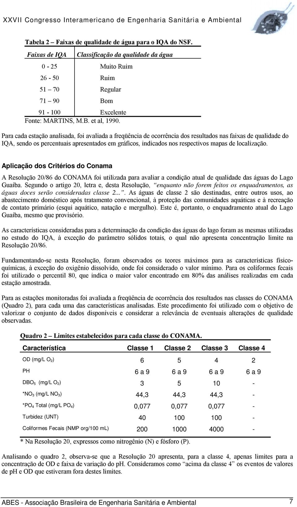 localização. Aplicação dos Critérios do Conama A Resolução 20/86 do CONAMA foi utilizada para avaliar a condição atual de qualidade das águas do Lago Guaíba.