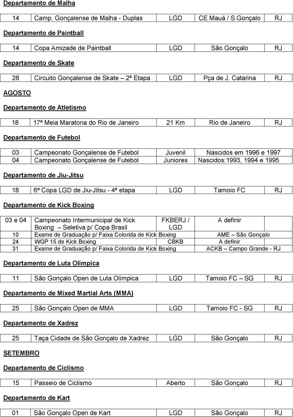 Catarina RJ AGOSTO 18 17ª Meia Maratona do Rio de Janeiro 21 Km Rio de Janeiro RJ 03 Campeonato Gonçalense de Futebol Juvenil Nascidos em 1996 e 1997 04 Campeonato Gonçalense de Futebol Juniores