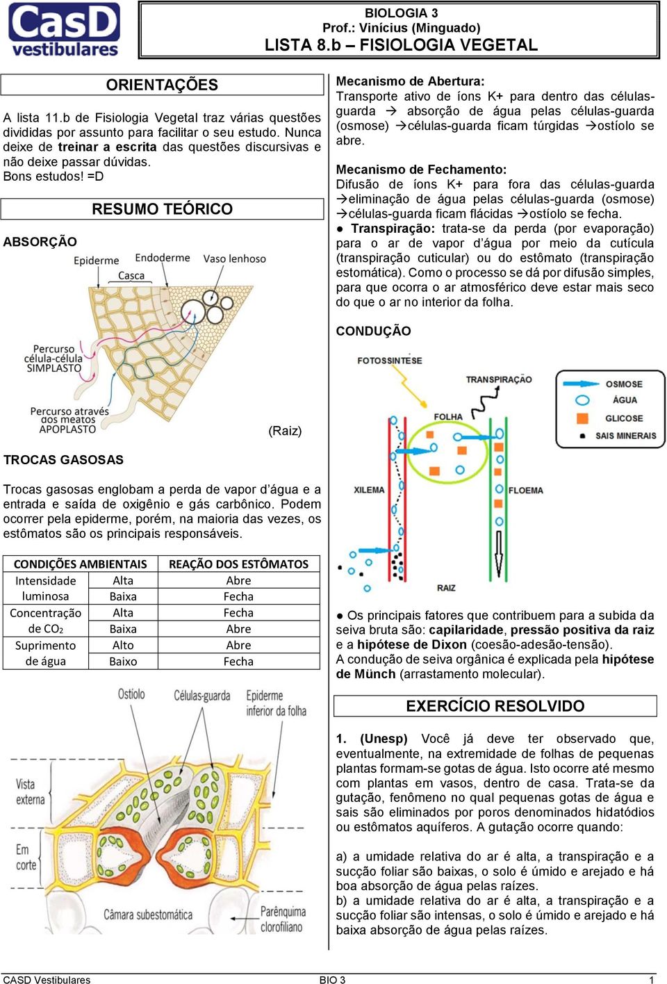 =D ABSORÇÃO RESUMO TEÓRICO Mecanismo de Abertura: Transporte ativo de íons K+ para dentro das célulasguarda absorção de água pelas células-guarda (osmose) células-guarda ficam túrgidas ostíolo se