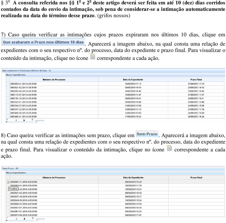 Aparecerá a imagem abaixo, na qual consta uma relação de expedientes com o seu respectivo nº. do processo, data do expediente e prazo final.