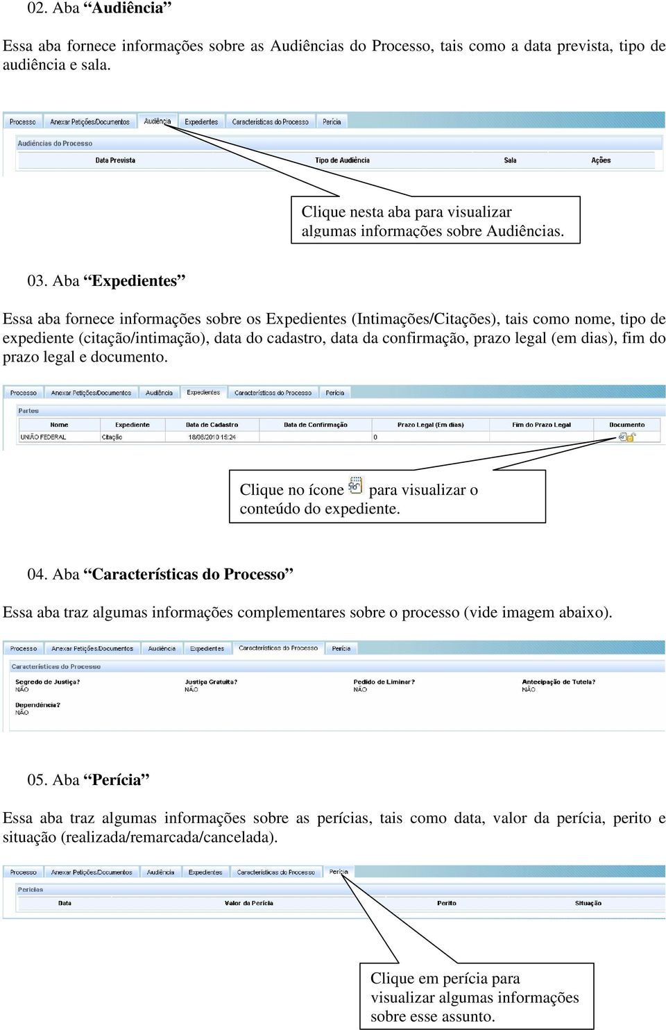 Aba Expedientes Essa aba fornece informações sobre os Expedientes (Intimações/Citações), tais como nome, tipo de expediente (citação/intimação), data do cadastro, data da confirmação, prazo legal (em