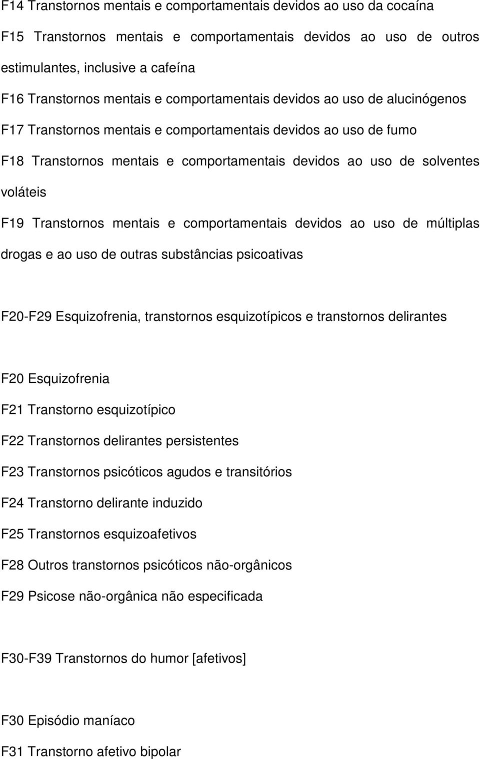 Transtornos mentais e comportamentais devidos ao uso de múltiplas drogas e ao uso de outras substâncias psicoativas F20-F29 Esquizofrenia, transtornos esquizotípicos e transtornos delirantes F20