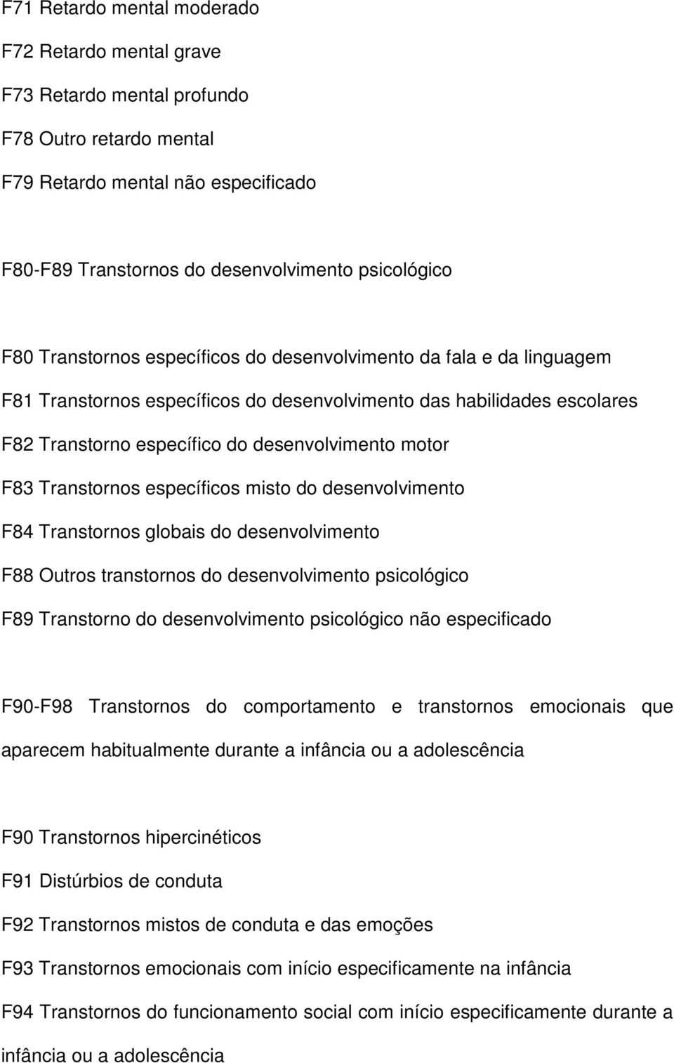 Transtornos específicos misto do desenvolvimento F84 Transtornos globais do desenvolvimento F88 Outros transtornos do desenvolvimento psicológico F89 Transtorno do desenvolvimento psicológico não