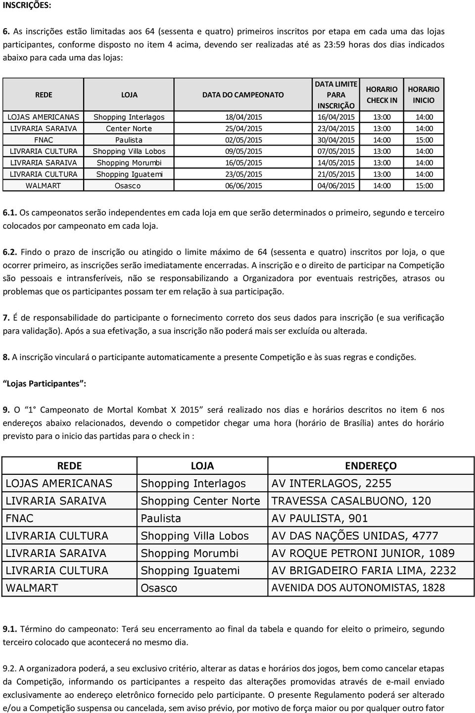 horas dos dias indicados abaixo para cada uma das lojas: REDE LOJA DATA DO CAMPEONATO DATA LIMITE PARA INSCRIÇÃO HORARIO CHECK IN HORARIO INICIO LOJAS AMERICANAS Shopping Interlagos 18/04/2015