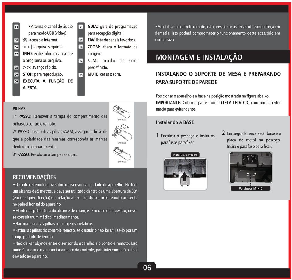 MUTE: cessa o som. Ao utilizar o controle remoto, não pressionar as teclas utilizando força em demasia. Isto poderá comprometer o funcionamento deste acessório em curto prazo.