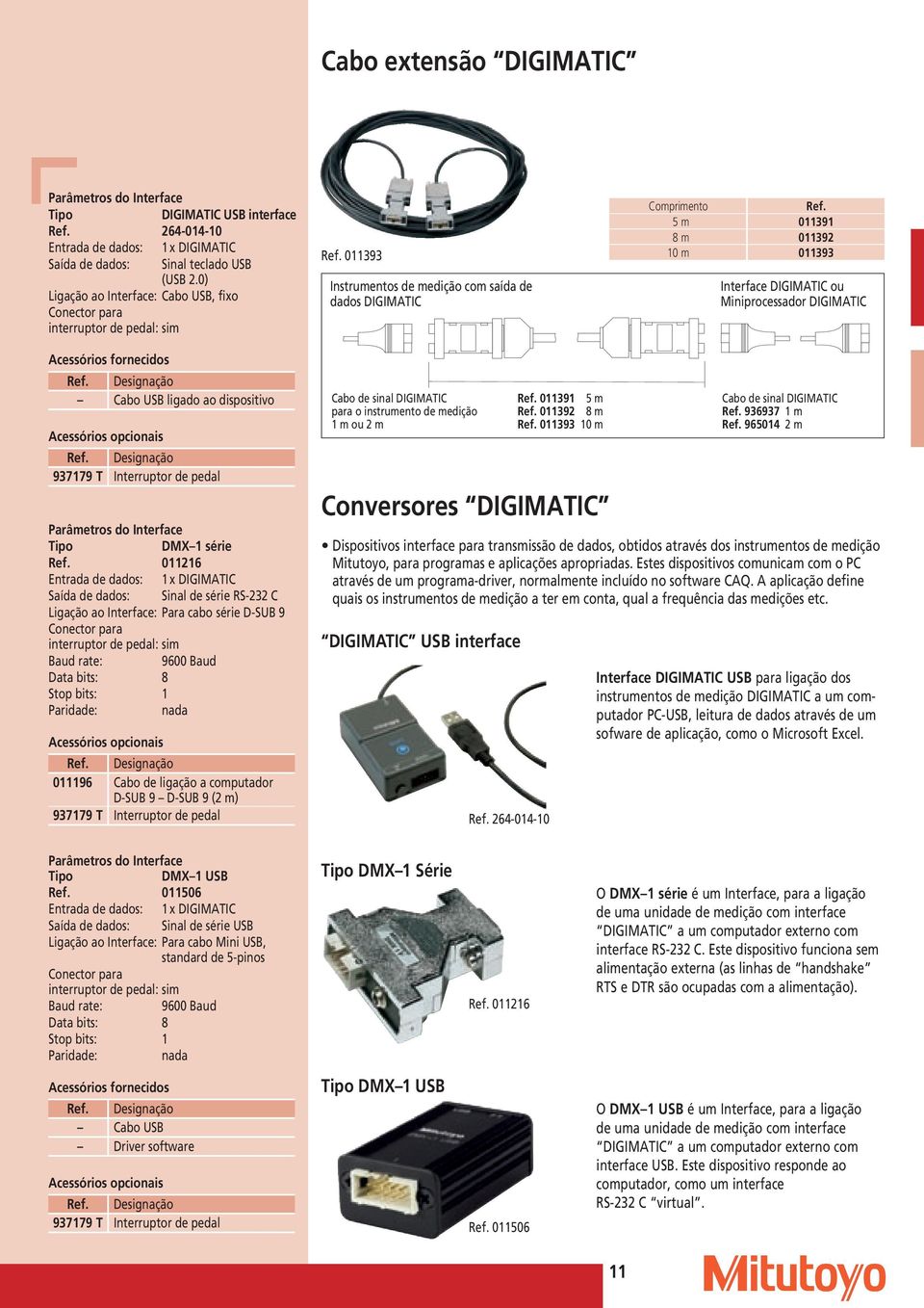 5 m 011391 8 m 011392 10 m 011393 Interface DIGIMATIC ou Miniprocessador DIGIMATIC Acessórios fornecidos Cabo USB ligado ao dispositivo DMX 1 série Ref.