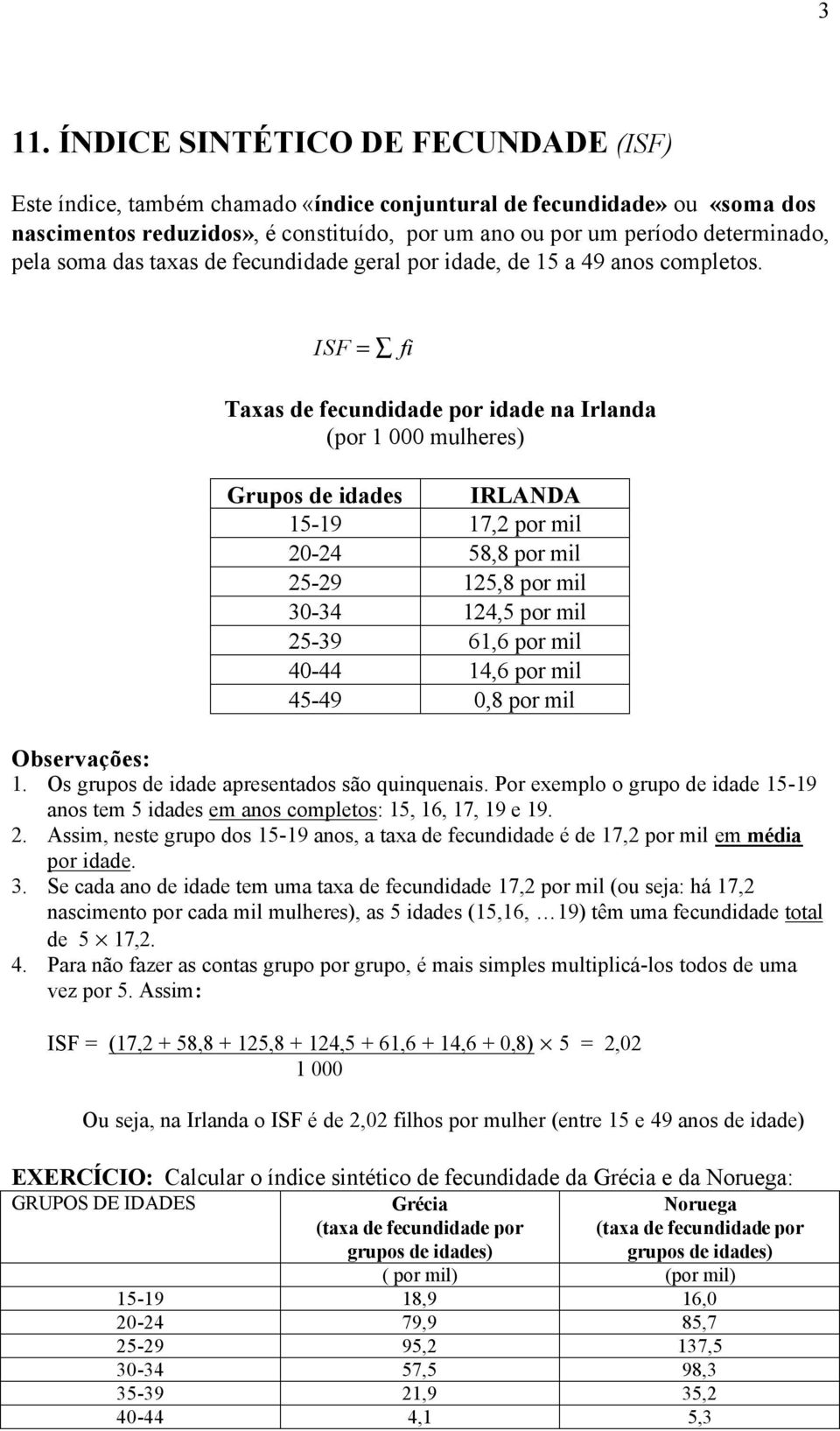 ISF = fi Taxas de fecundidade por idade na Irlanda (por 1 000 mulheres) Grupos de idades IRLANDA 15-19 17,2 por mil 20-24 58,8 por mil 25-29 125,8 por mil 30-34 124,5 por mil 25-39 61,6 por mil 40-44