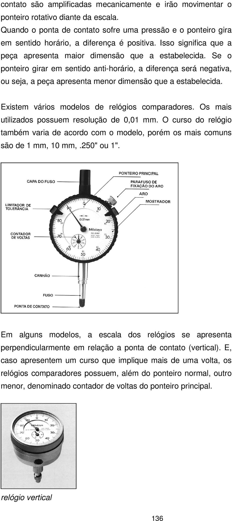 Se o ponteiro girar em sentido anti-horário, a diferença será negativa, ou seja, a peça apresenta menor dimensão que a estabelecida. Existem vários modelos de relógios comparadores.