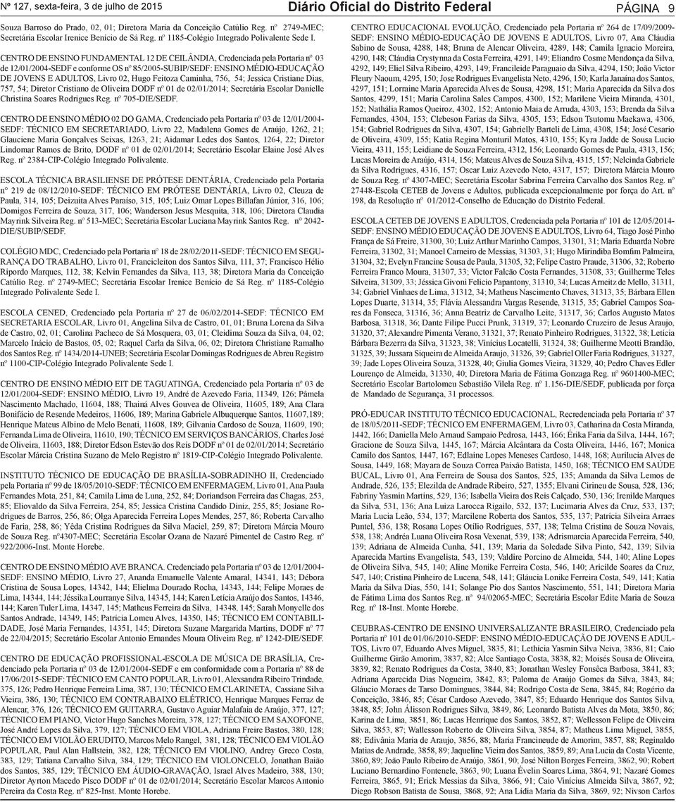 CENTRO DE ENSINO FUNDAMENTAL 12 DE CEILÂNDIA, Credenciada pela Portaria nº 03 de 12/01/2004-SEDF e conforme OS nº 85/2005-SUBIP/SEDF: ENSINO MÉDIO-EDUCAÇÃO DE JOVENS E ADULTOS, Livro 02, Hugo Feitoza