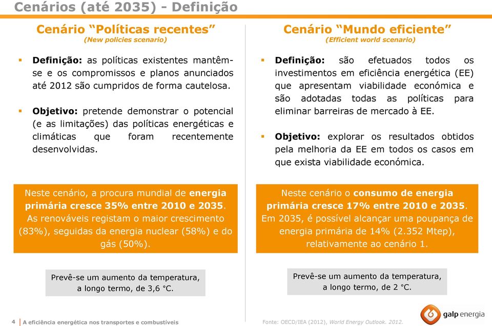 Cenário Mundo eficiente (Efficient world scenario) Definição: são efetuados todos os investimentos em eficiência energética (EE) que apresentam viabilidade económica e são adotadas todas as políticas