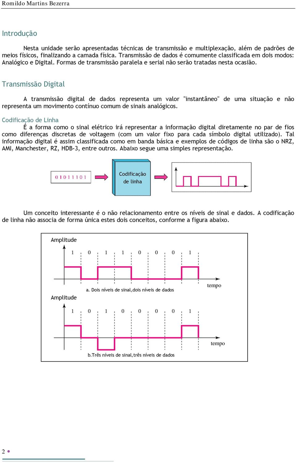 Transmissão Digital A transmissão digital de dados representa um valor "instantâneo" de uma situação e não representa um movimento contínuo comum de sinais analógicos.