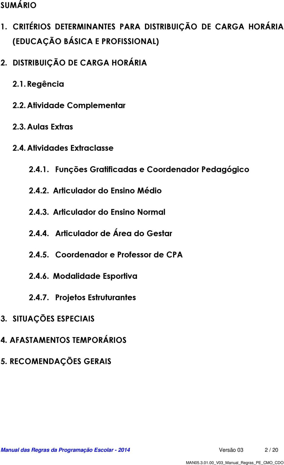 4.4. Articulador de Área do Gestar 2.4.5. Coordenador e Professor de CPA 2.4.6. Modalidade Esportiva 2.4.7. Projetos Estruturantes 3.