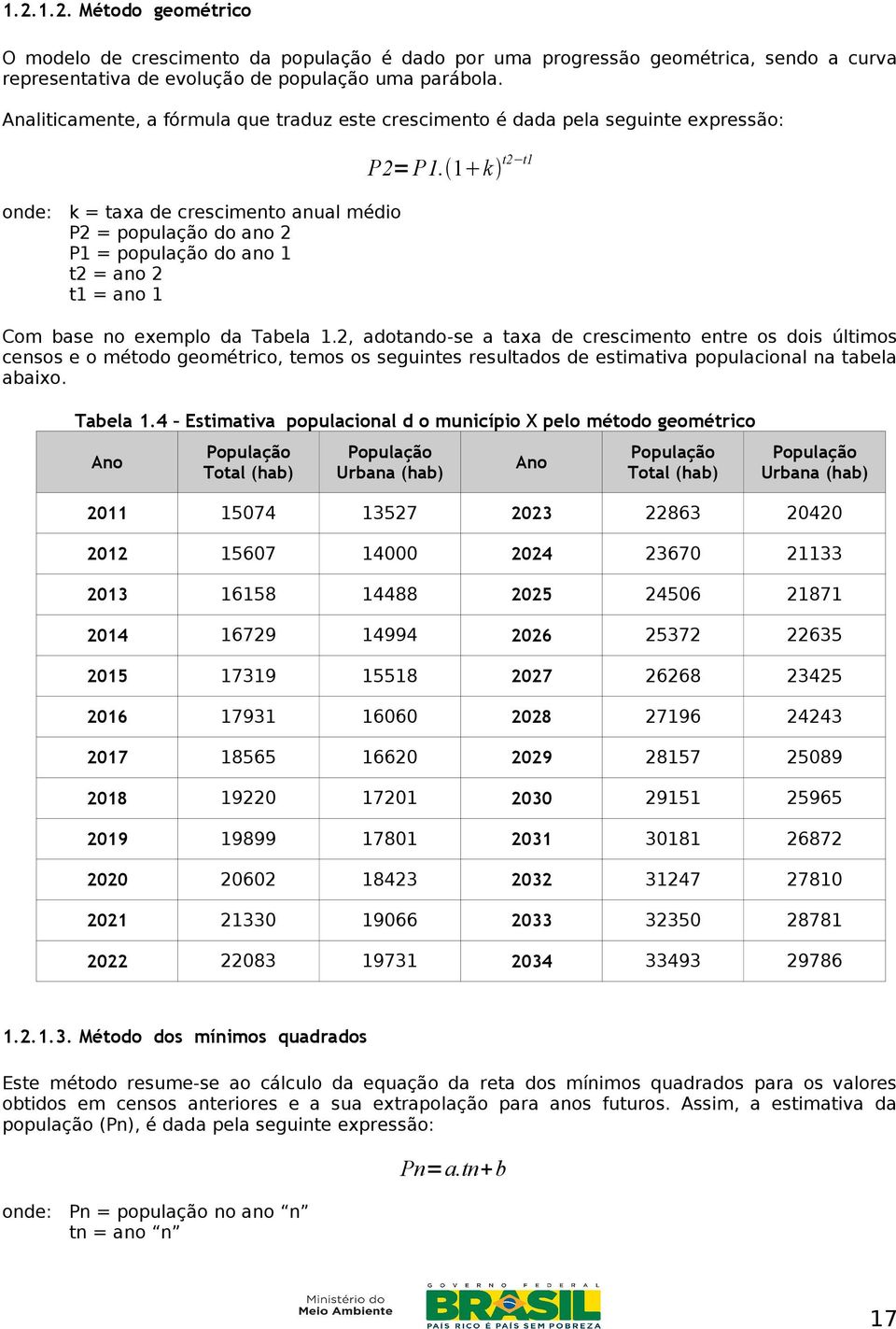 1 k t2 t1 onde: k = taxa de crescimento anual médio P2 = população do ano 2 P1 = população do ano 1 t2 = ano 2 t1 = ano 1 Com base no exemplo da Tabela 1.