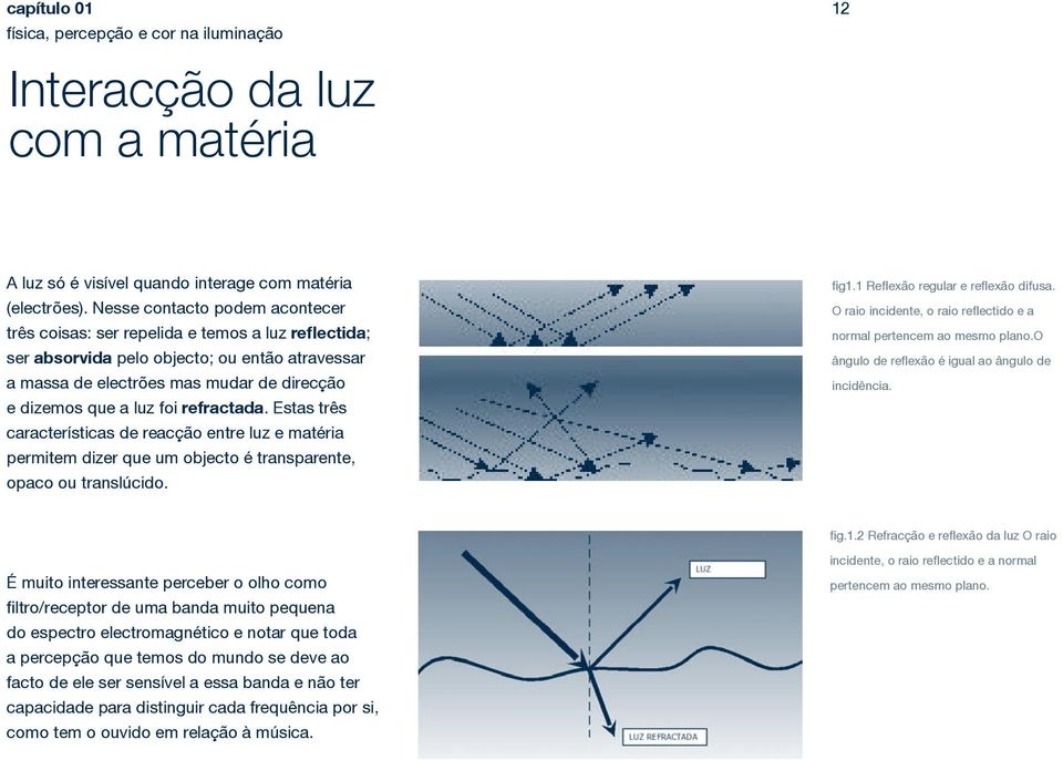 refractada. Estas três características de reacção entre luz e matéria permitem dizer que um objecto é transparente, opaco ou translúcido. fig1.1 Reflexão regular e reflexão difusa.