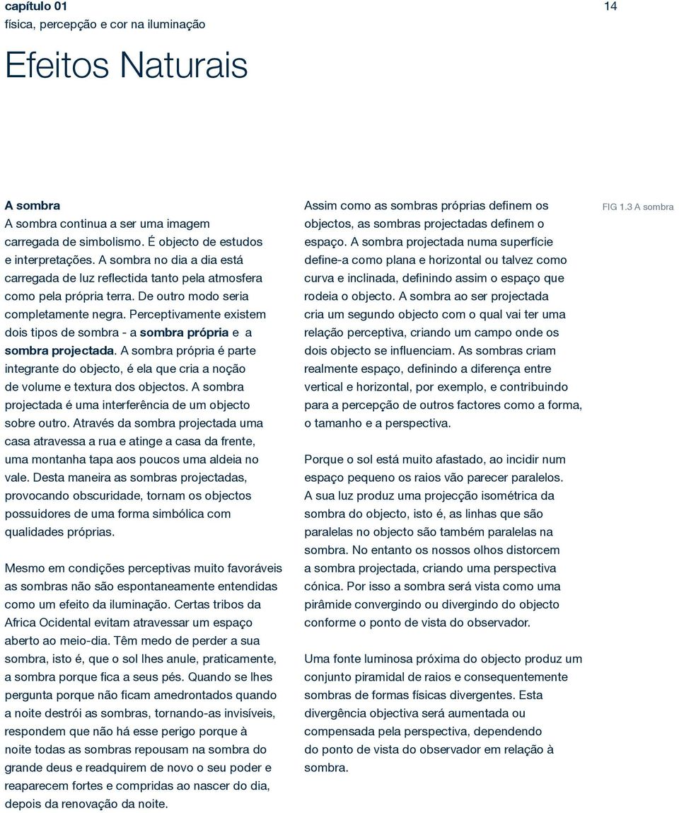 Perceptivamente existem dois tipos de sombra - a sombra própria e a sombra projectada. A sombra própria é parte integrante do objecto, é ela que cria a noção de volume e textura dos objectos.