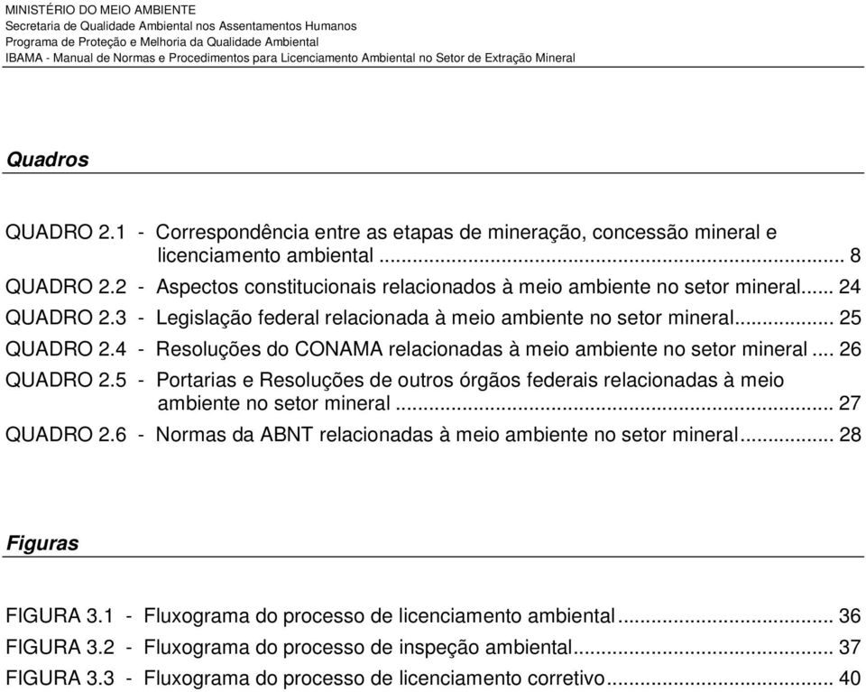 4 - Resoluções do CONAMA relacionadas à meio ambiente no setor mineral... 26 QUADRO 2.5 - Portarias e Resoluções de outros órgãos federais relacionadas à meio ambiente no setor mineral.