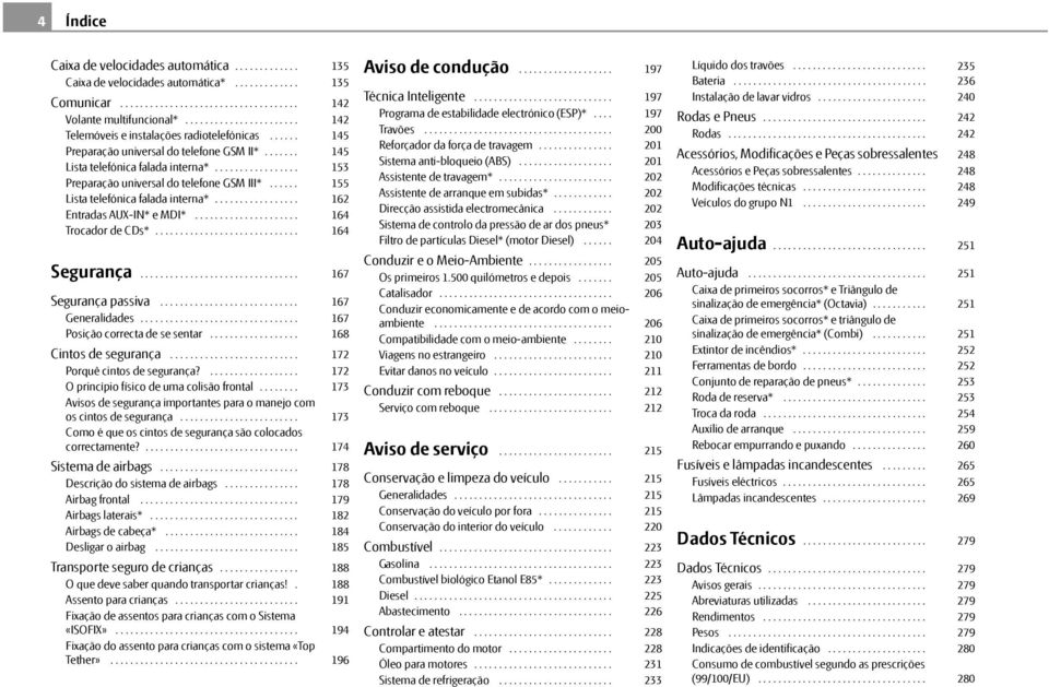 ..... Lista telefónica falada interna*................. Entradas AUX-IN* e MDI*..................... Trocador de CDs*............................. Segurança................................ Segurança passiva.