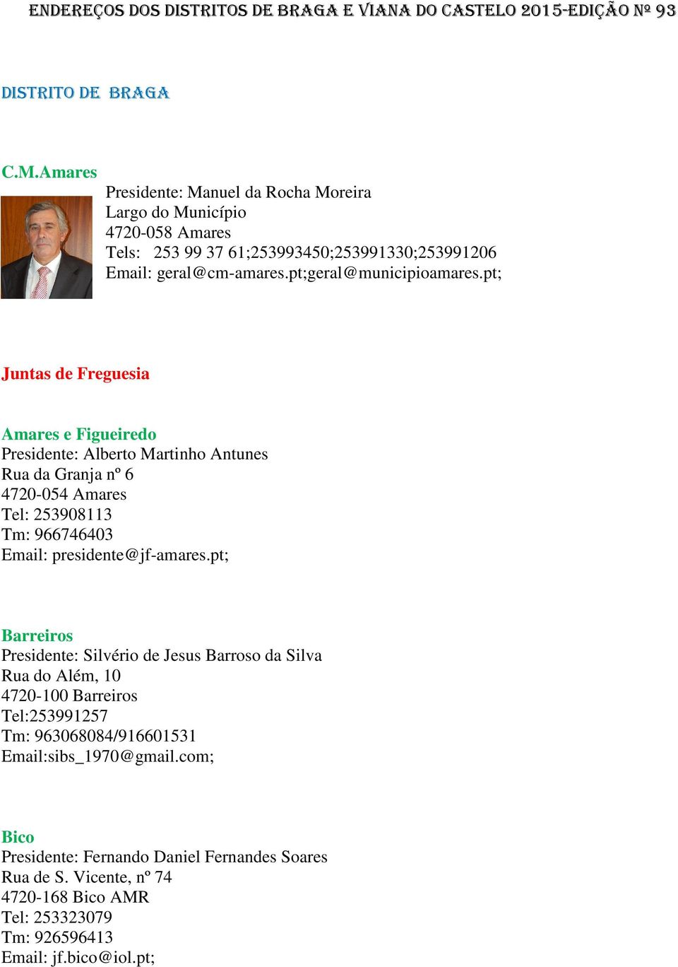 pt; Juntas de Freguesia Amares e Figueiredo Presidente: Alberto Martinho Antunes Rua da Granja nº 6 4720-054 Amares Tel: 253908113 Tm: 966746403 Email: presidente@jf-amares.