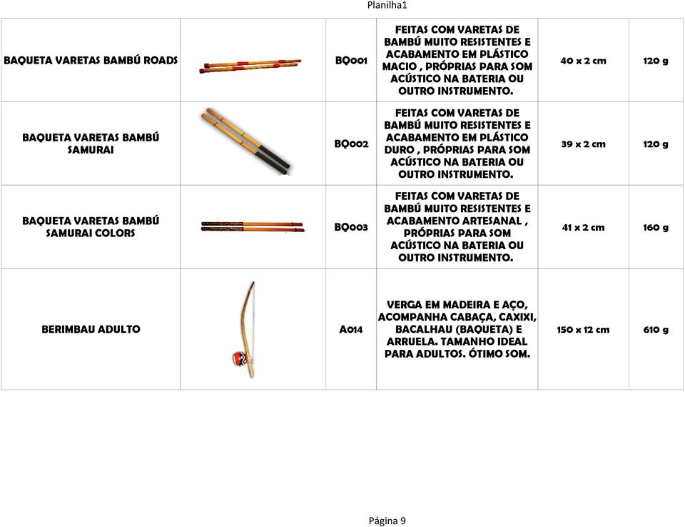 40 x 2 cm 120 g BQ002 FEITAS COM VARETAS DE BAMBÚ MUITO RESISTENTES E ACABAMENTO EM PLÁSTICO DURO, PRÓPRIAS PARA SOM ACÚSTICO NA BATERIA OU OUTRO INSTRUMENTO.
