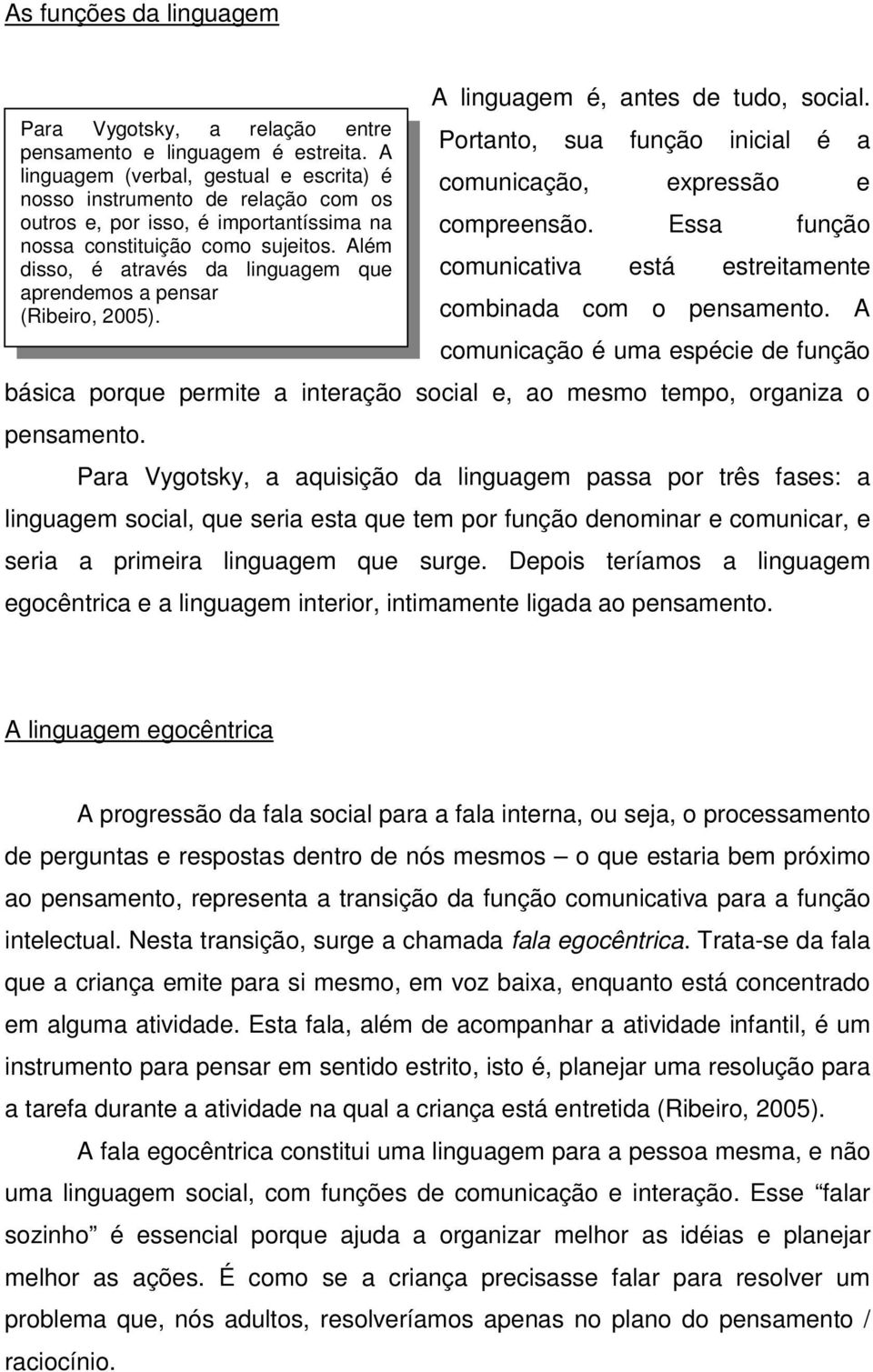 Além disso, é através da linguagem que aprendemos a pensar (Ribeiro, 2005). A linguagem é, antes de tudo, social. Portanto, sua função inicial é a comunicação, expressão e compreensão.